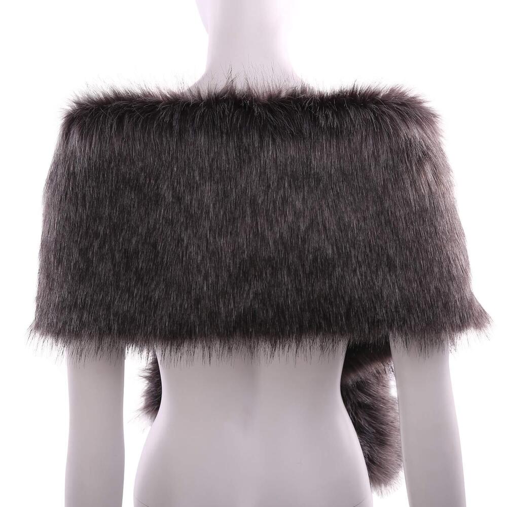 8348 Women Long Faux Fur Shawl Bridal Stole Cover Up Winter Soft - Picture 3 of 5